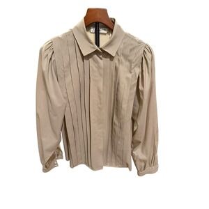 Vtg 80s Josephine Womens Beige Pleated Button Up Long Sleeve Blouse Top sz M